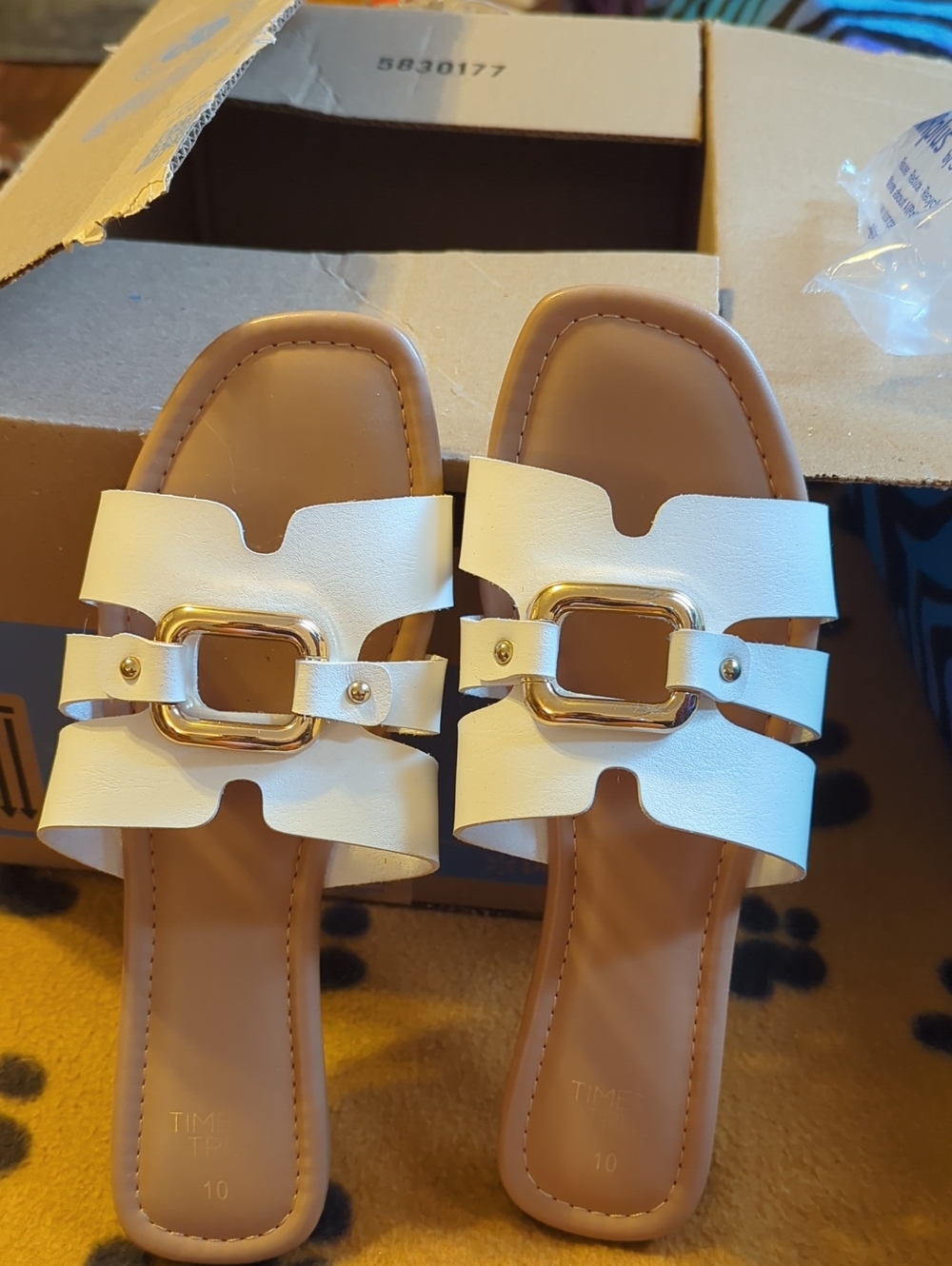 Time and Tru White Slide Sandals with Gold Buckle